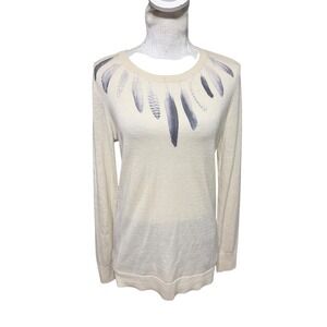 Minnie Rose Womens 100% Cashmere Feather Print Crew Neck Sweater Cream Large